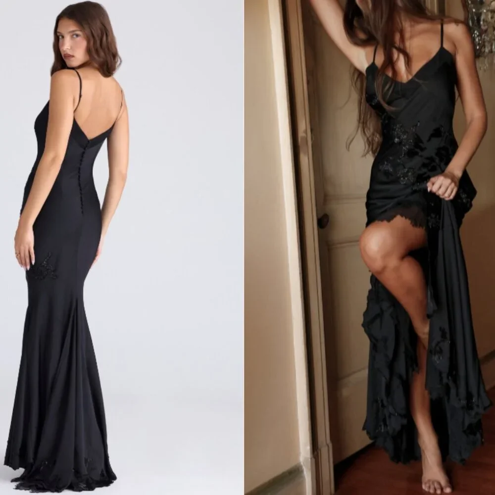 House of CB ANASTELLE Black Hand Beaded Embellished Satin Maxi Dress NWT - Picture 3 of 11